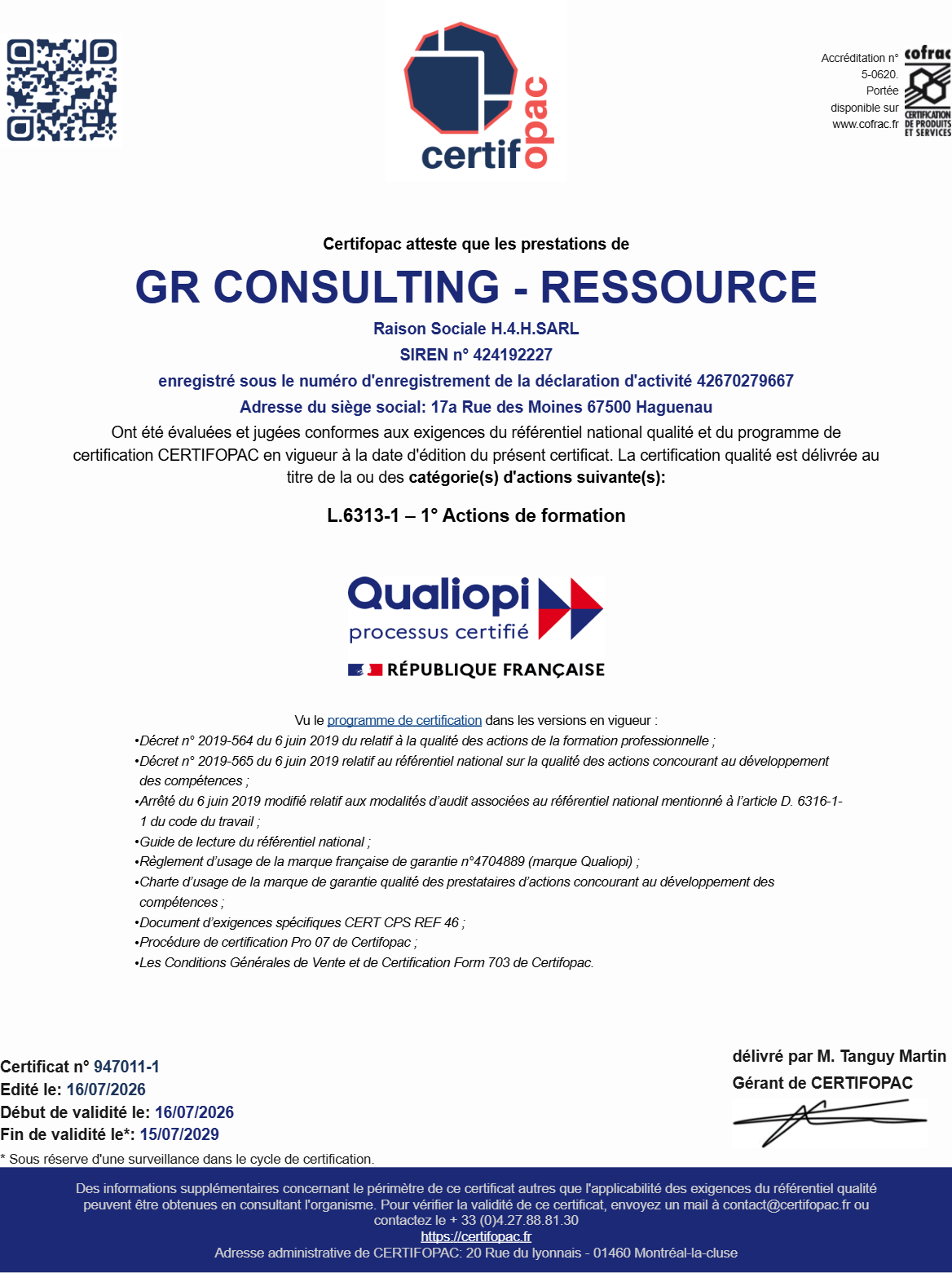 Certificat Qualiopi H4H Ressource